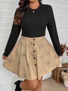 SHEIN LUNE Bộ 2 chiếc/Bộ áo thun dài tay bó sát bằng vải có họa tiết & váy xòe ôm sát, giản dị & đa năng, cỡ lớn, trang phục boho cowgirl lễ hội old money phong cách bohemian phương Tây dành cho phụ nữ hippie mùa hè boho old money trang phục mùa hè dành cho phụ nữ trang phục lễ hội rave nghỉ xuân trang phục nghỉ xuân - màu đen - Xem 1