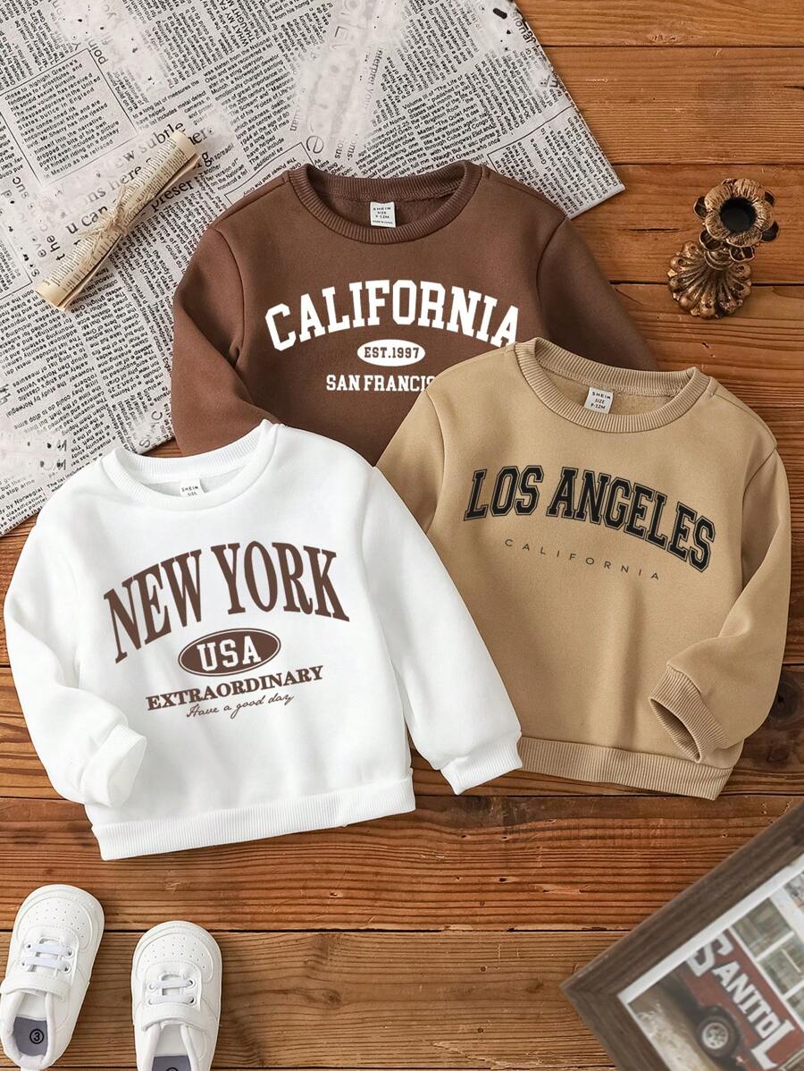 SHEIN 3pcs/Set Baby Boys' Casual Soft Knit Solid Crew Neck Thick Sweatshirts, New York, California, Los Angeles, Suitable For Autumn/Winter