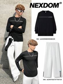 SHEIN Teen Boys' Casual Comfortable Long Sleeve English Letter Print Round Neck T-Shirt, All-Match And Versatile, Fall, Winter, Black