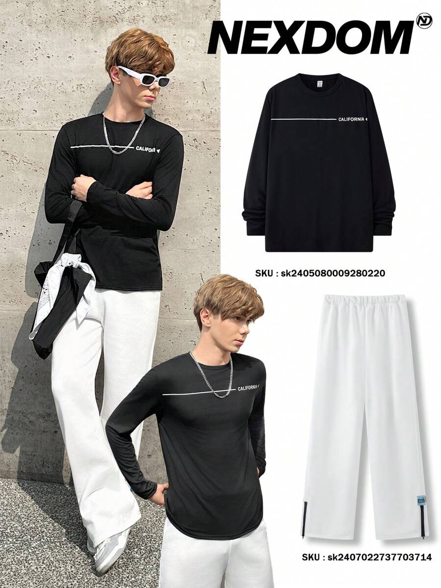 SHEIN Teen Boys' Casual Comfortable Long Sleeve English Letter Print Round Neck T-Shirt, All-Match And Versatile, Fall, Winter, Black