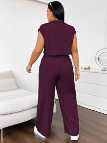 Flirla 2pcs/Set Sleeveless Loose Multi-Pocket Shirt & Casual Cargo Pants Set - Purple - View 2