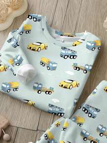 SHEIN Leap Crew Young Boy Snug Fit Casual Vintage Car Pattern Long Sleeve Round Neck Lounge Set, Comfortable Homewear For Autumn/Winter - Multicolor - View 3