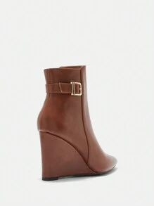 CUCCOO BIZCHIC Women's Solid Color Pointed Toe Buckle Wedge Ankle Boots, Suitable For Autumn And Winter New Year Holiday Valentines - Brown - View 8