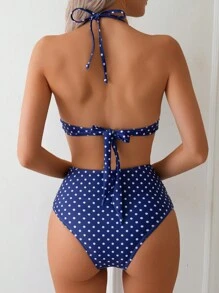 SHEIN Swim 2 piezas Conjunto de Bikini de cintura alta con control de abdomen, estilo vintage elegante con lunares, color azul para verano