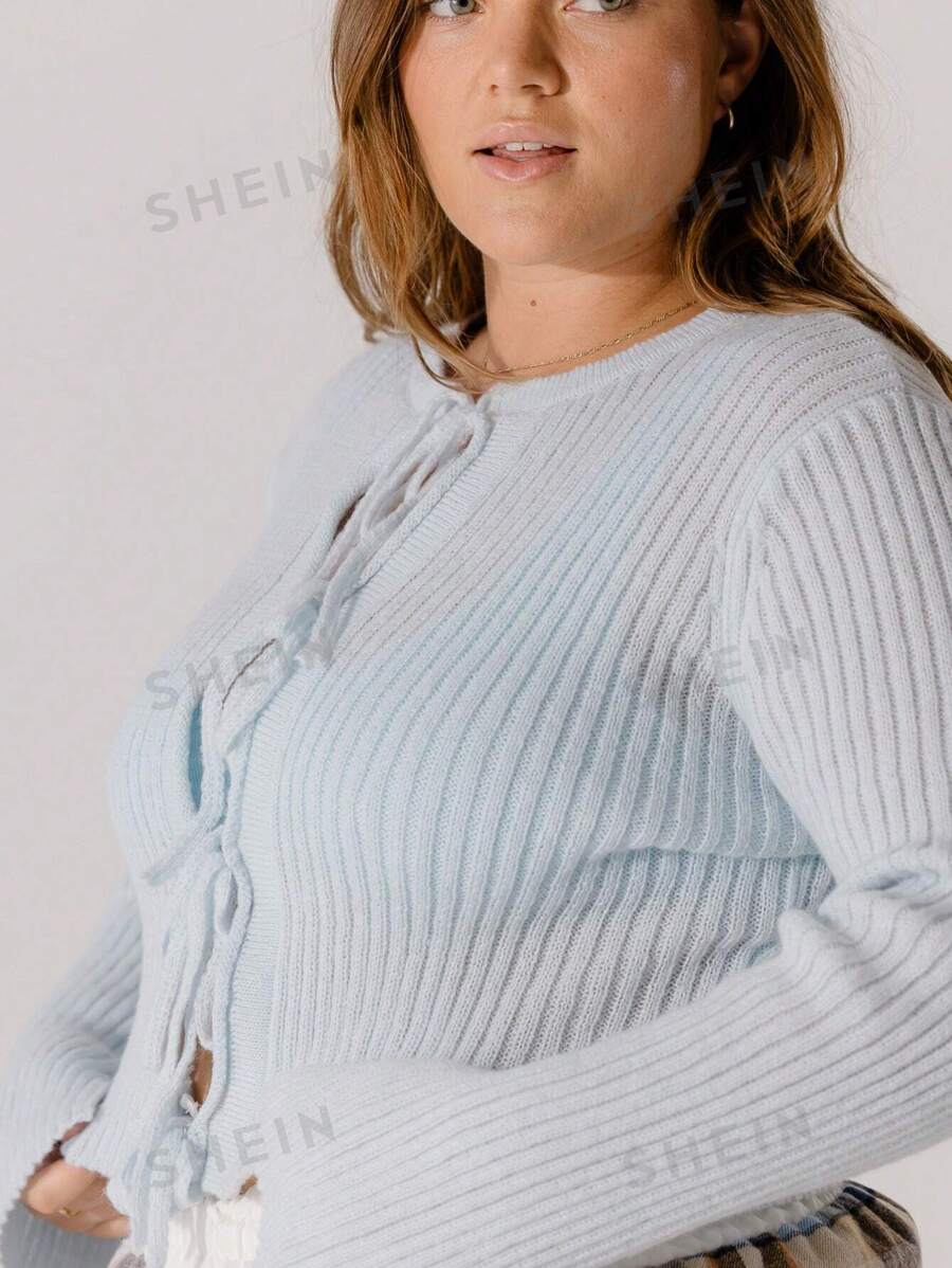 Aralina Cardigan de punto de manga larga con detalle de nudo frontal y costillas - Celeste - Ver 1