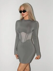 SHEIN ICON 高领网眼嵌件紧身黑色连衣裙 - 灰色 - 查看 4