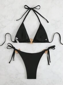 Swim Vcay Women's Black Sexy Tie-Up Triangle Top & Metal Decor Bikini Set, Beach Outfit For Summer Beach Vacation - Black - View 4