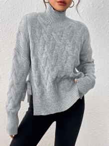 Chiquease Women High Neck Loose Knitted Long Sleeve Sweater Top With Split And Tie Design, Versatile Pullover Sweater, Autumn/Winter Fall - Grey - View 6