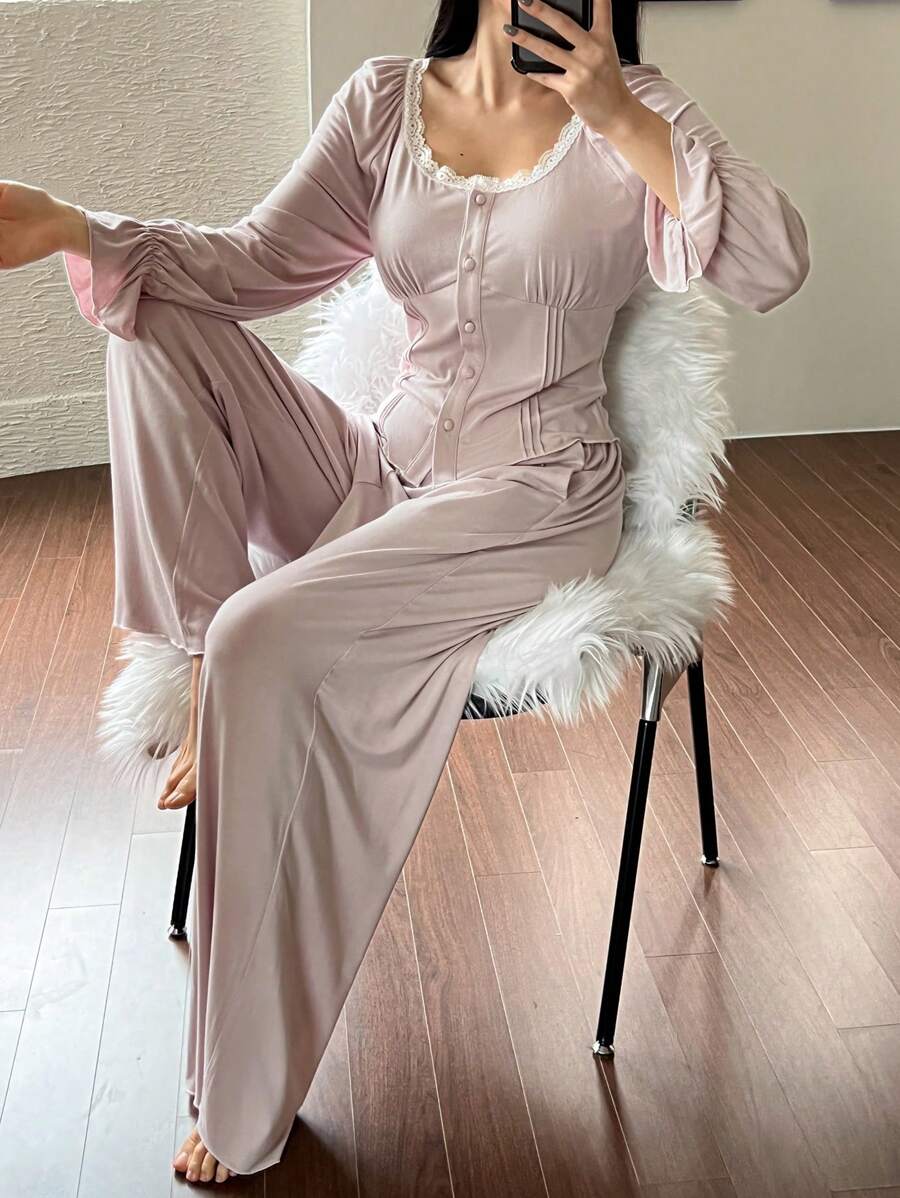 DAZY 2pcs Women Spring Pajama Set: Romantic Lace Trimmed & Patchwork Cropped Top & Straight Leg Pants - Dusty Purple - View 1