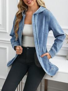 SHEIN LUNE Women's Front Zip Long Sleeve Pocket Simple Casual Denim Jacket - Blue - View 3