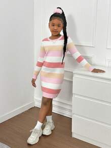 SHEIN Tween Girls' Loose Casual Minimalist Comfy Crew Neck Pullover Colorful Striped Sweater Dress