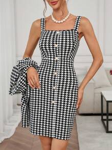 SHEIN Clasi 女士优雅千鸟格连衣裙，配有金属纽扣和翻领西装外套 2 件套，适合约会和通勤