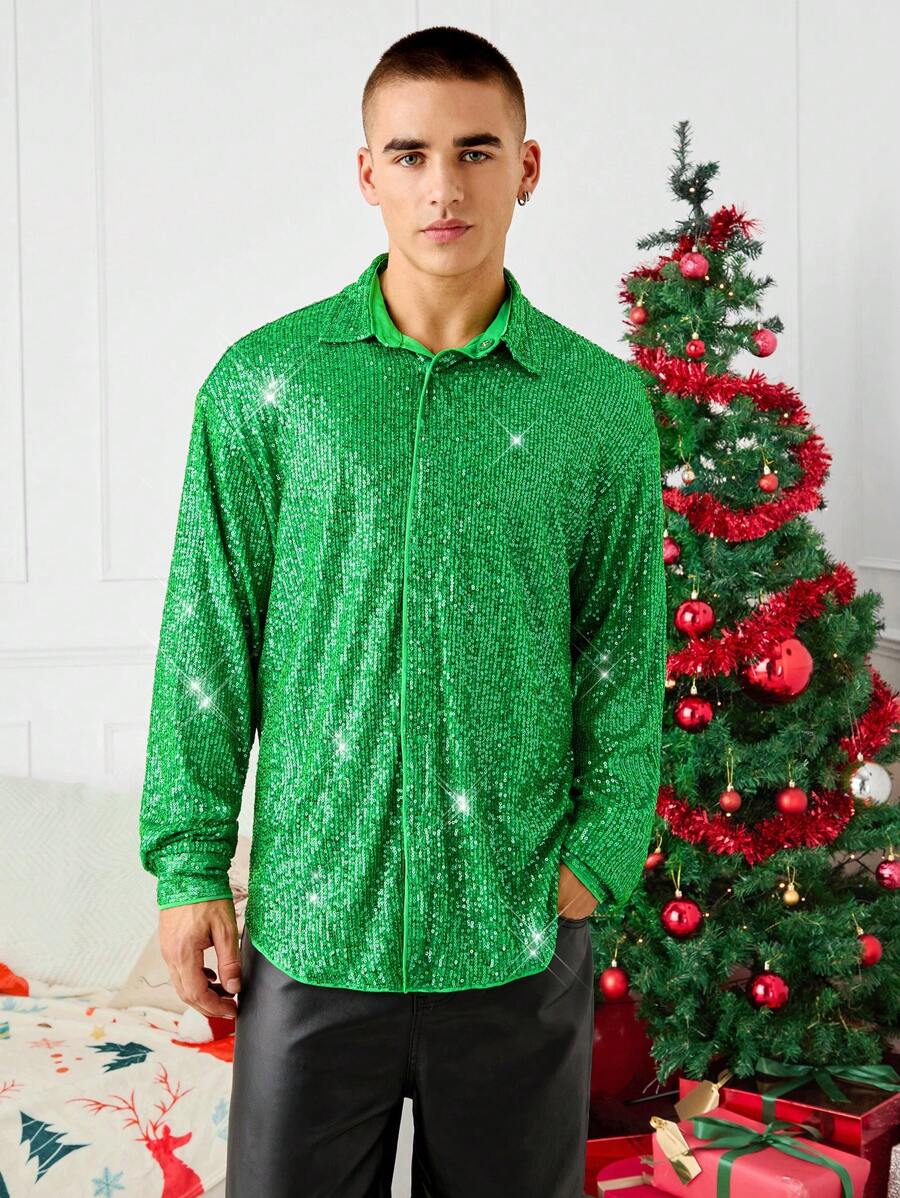 Mainfolk Unisex Loose Fit Batwing Long Sleeve Shirt With Sequin Embroidery, Streetwear Style, Fall, For Christmas - Green - View 1