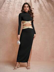 Keraye London Soft Lux Collection Váy đen thanh lịch cổ lọ dệt kim thiết kế, cho ngày lễ, đêm tiệc, trang phục hòa nhạc sinh nhật, lễ hội, trang phục lễ hội rave, đám cưới, váy dạ hội - màu đen - Xem 6