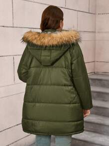 SHEIN LUNE Áo khoác mùa đông cỡ lớn có mũ trùm đầu có cổ lông thú Quần áo mùa đông cho phụ nữ Áo khoác cách nhiệt bằng lông cừu Quần áo mùa đông Quần áo mùa đông cong Quần áo năm mới cho phụ nữ - xanh quân đội - Xem 2