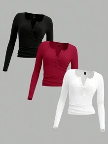 SHEIN EZwear 3pcs Plus Size Women Plain Color Knitted Button Half-Placket Long Sleeve Casual T-Shirts, Autumn/Winter