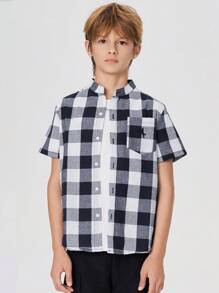 SHEIN 青少年男孩馬刺繡水牛格口袋前衣