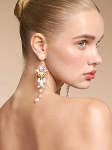 SHEIN Belle Crystal Rhinestone Pearl Beaded Tassel Drop Earrings