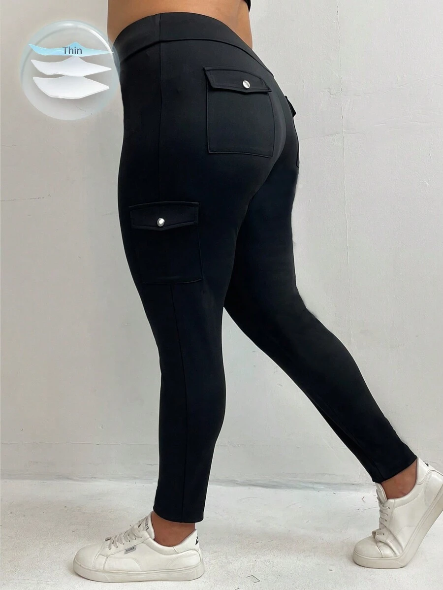 EMERY ROSE 大码女式时尚纯色口袋设计紧身裤 - 黑色 - 查看 1