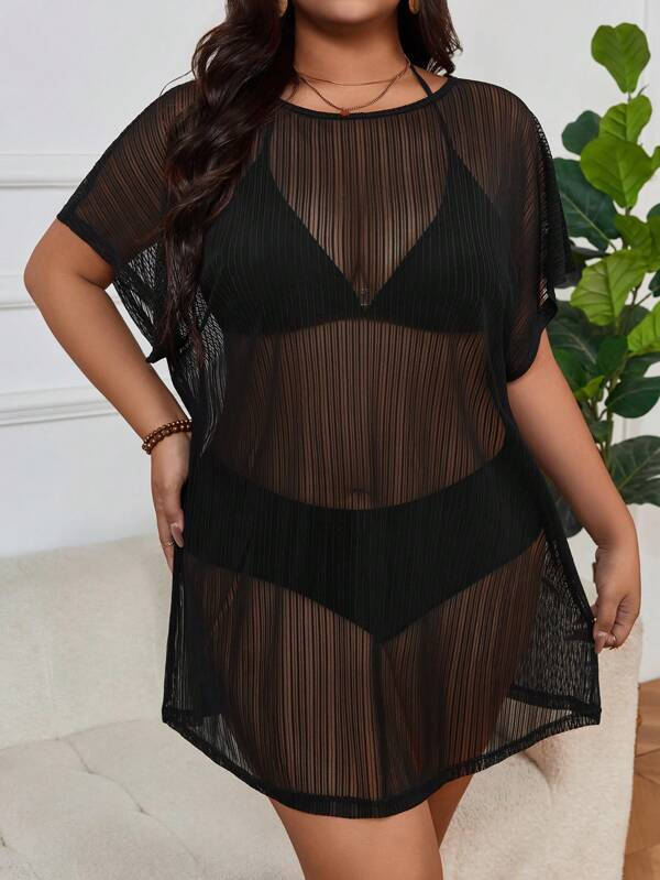 Swim Vcay Plus Size Loose Mesh Cover Up Short Sleeve Summer
