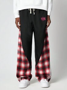 ROMWE MEN Street Life 男士休闲格子拼接星星字母刺绣长裤，日常穿着 - 彩色 - 查看 6