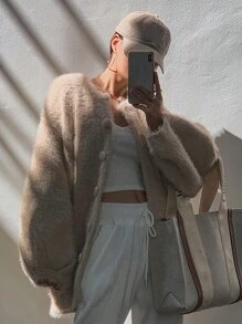 DAZY 女士蓬松柔软开衫，宽松版型，秋季女装 - 杏色 - 查看 8