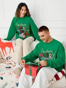 Manfinity VCAY Printed Digital Graphic Loose Fit Drop Shoulder Crew Neck Sweatshirt, Christmas Going Out Graphic Long Sleeve Forest Green Sweatshirt, For Friends, Husband, Boyfriend Gifts, For Fall Winter - Green - View 2