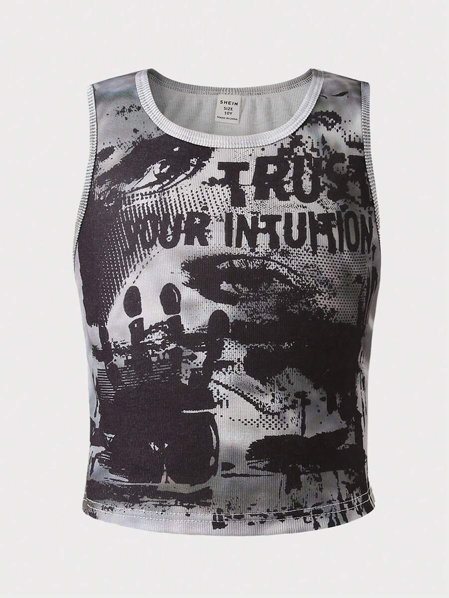 Girls' Fashionable Tie-Dye Print Elastic Cropped Tank Top, Casual Street Style, Suitable For Spring/Summer Outings - Grey - View 1