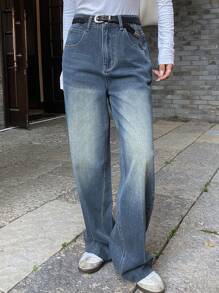 DAZY Distressed Faded Frayed Hem Pocket Straight Leg Women Jeans - Blue - View 6