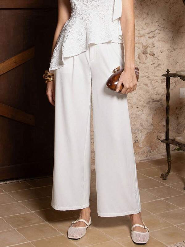 VERO DIAZ Designer Women's White Wide-Leg Casual High-Waisted Pants, Going Out, Festival