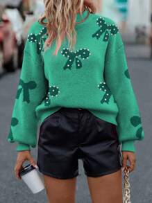 SHEIN LUNE Women's Bow Decor Stand Collar Drop Shoulder Long Sleeve Sweater For Autumn/Winter Knit Pullover Fall Sweater - Green - View 4