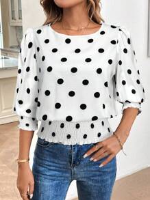 SHEIN LUNE Crew Neck Vintage Black Edged Polka Dot Print Casual Commuter Elegant Pullover Hem Ruffled Trim Shirt For Women, Autumn/Winter