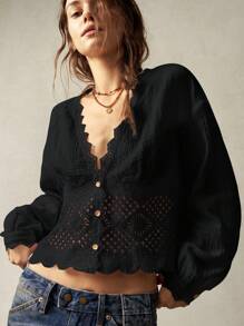 Bohemela Casual Solid Color Woven V-Neck Lantern Sleeve Lace Trim Loose Fit Women Blouse