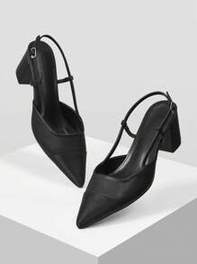 MOTF PREMIUM 女士简约纯色尖头搭扣露跟粗跟高跟鞋，适合通勤、新年假期、情人节、春季、春假、复活节、圣诞节等场合穿着。 - 黑色 - 查看 4