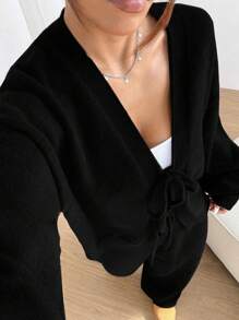 SHEIN Unity 2 件套休闲纯色系带开衫和裤子套装 - 黑色 - 查看 7