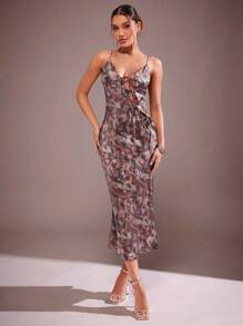 Hauture Elegant Sexy Tie Front Tie Dye Print Holiday New Year Party Maxi Dress