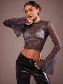 Hauture 优雅性感花朵蕾丝长喇叭袖生菜下摆假日部分上衣 - 藏蓝色 - 查看 1