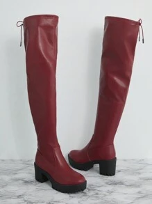 SHUZIA 女士酒红色粗跟凸缘鞋底过膝长靴，后跟带抽绳 - 修身、性感、舒适、百搭，适合新年假期 - 酒紅色 - 查看 2