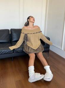 SHEIN Unity Plus Size Sexy Open Shoulder Leopard Print Ribbon Cable Knit Pullover Sweater, Autumn/Winter Knit Pullover Fall - Apricot - View 5