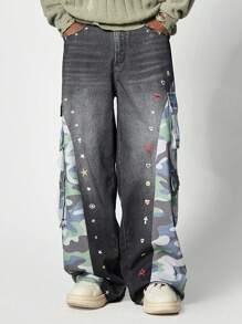 ROMWE MEN Street Life 男士时尚洗水做旧迷彩拼布工装牛仔裤 - 彩色 - 查看 1