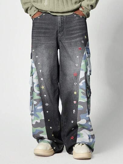 Street Life Jeans cargo homme mode lavé délavé patchwork camouflage