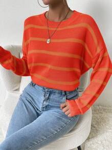 SHEIN LUNE Women's Round Neck Long Sleeve Striped Minimalist Pullover Sweater, Casual Daily Wear Knit Pullover Fall Winter - Orange - View 3