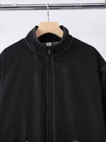 SHEIN Teen Boys' Stand Collar Black Zip Pocket Padded Warm Jacket, Contrast Tape Decor, Casual Street Fashion, Autumn/Winter