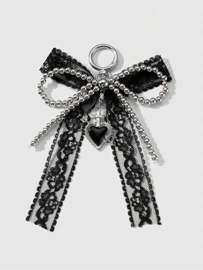 Kawaii 1pc Y2k Cute Goth Style Handmade Beaded Silver CCB Black Lace Bow Drip Oil Heart & Arrow Charm Keychain, Suitable For Women, Daily Wear Or Gift, Halloween