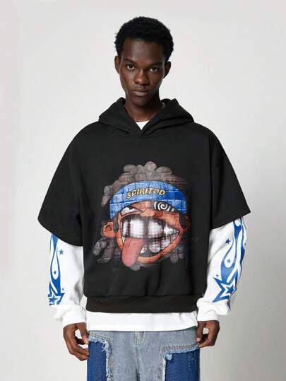 Street Life Herren Hip Hop Figur Kapuzensweatshirt mit zweilagiger Kapuze, kurzer Stil