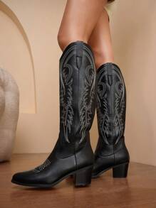Daringsoles 2025 Spring & Autumn New Women's Plus Size Fashion Tall Embroidered Western Cowboy Boots, Over-The-Knee - Black - View 5