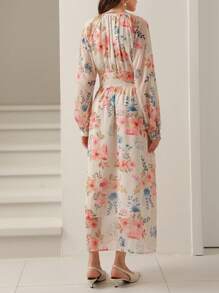 Aveloria Rosie 优雅法式花园花卉轻质雪纺连衣裙，配 PU 腰带，立领，长袖，及踝长，春秋情人节 - 彩色 - 查看 6