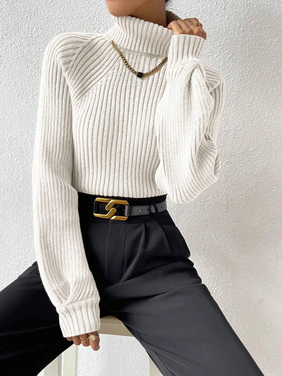SHEIN Jersey de cuello alto de manga raglán con punto acanalado, parte superior de manga larga de punto, jersey de punto para otoño e invierno - Blanco - Ver 1