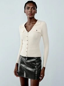 Chiquease 设计领针织长袖开衫上衣，收腰女式套头衫