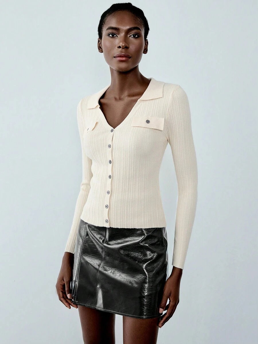 Chiquease 设计领针织长袖开衫上衣，收腰女式套头衫